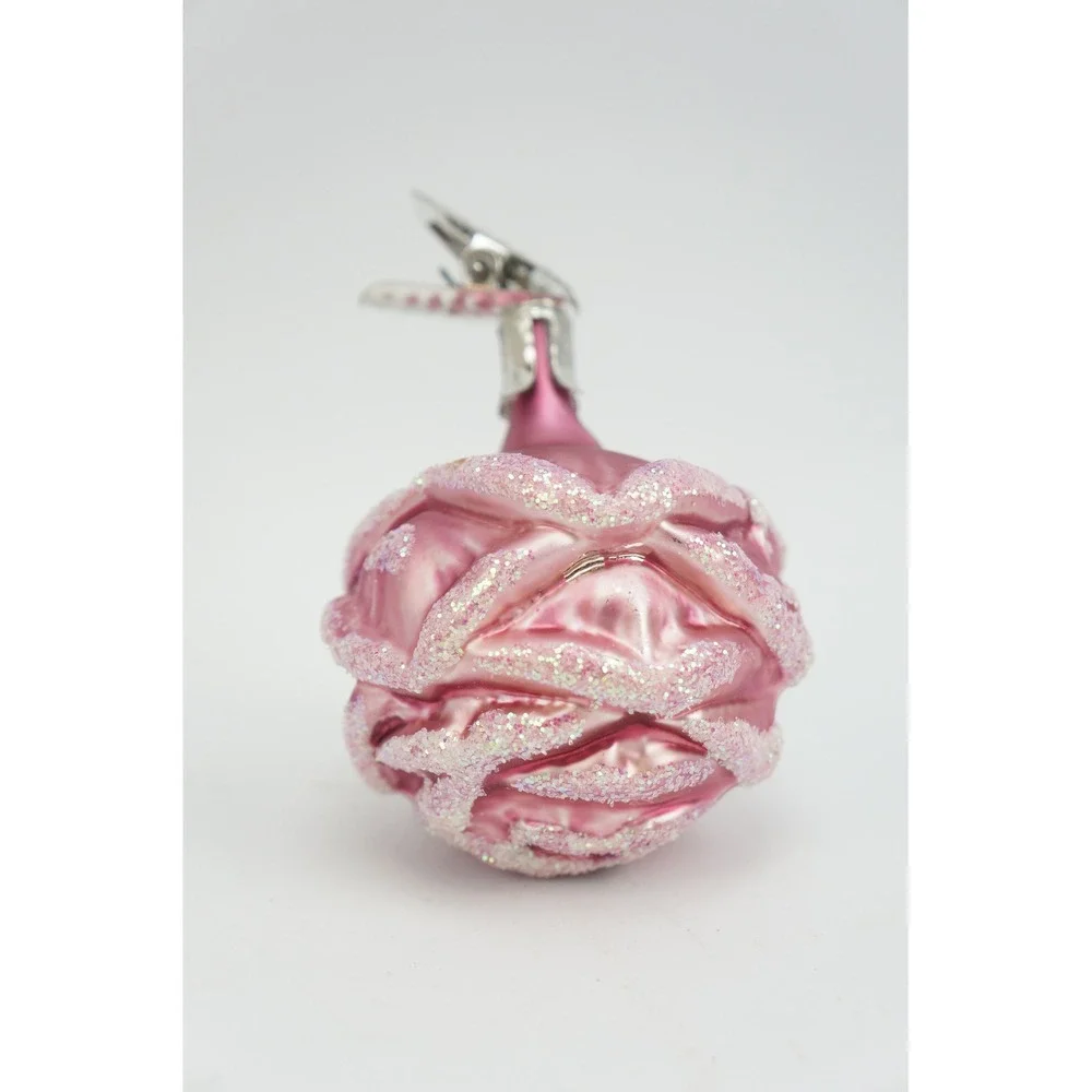 Vintage Christmas Ornament Pink Rose Bud Blown Glass Glitter Clip On EUC